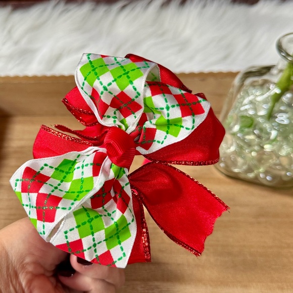 Girls Red & Green Argyle Christmas Bow Headband | Layered Bow Headband - Picture 7 of 9